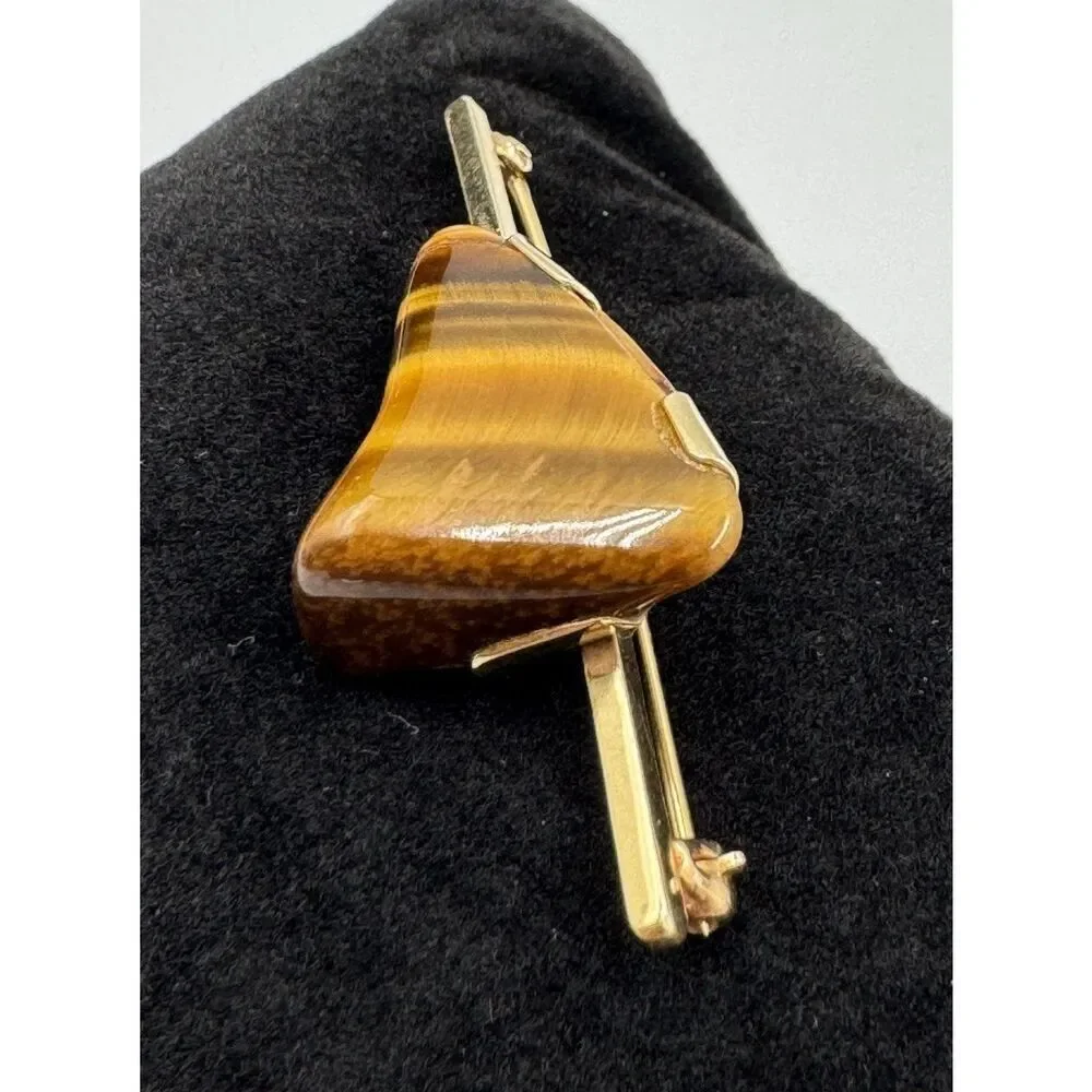 Vintage 14k‎ Yellow Gold Polished Stone Tigers Eye Brooch Pin Estate Jewelry